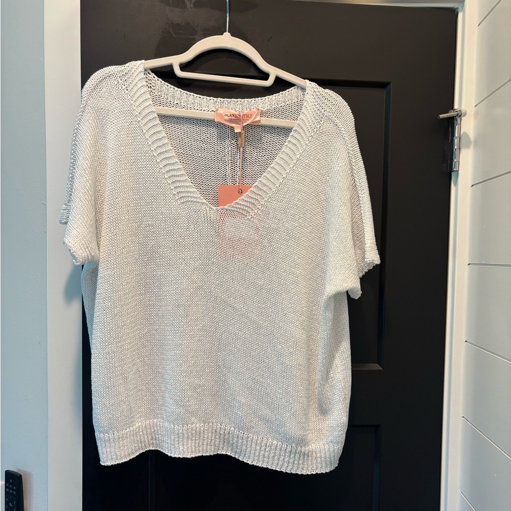 Scandal Italy Portugal 100% cotton White Knit V-Neck short sleeve top sweater